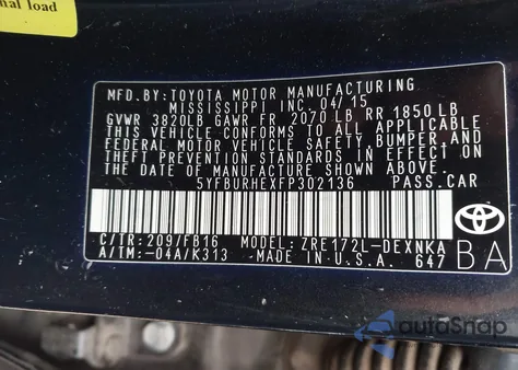 2015 Toyota Corolla Le from USA, damaged, VIN 5YFBURHEXFP302136